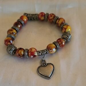 Heart Charm Beaded Bracelet - Orange and Silver
